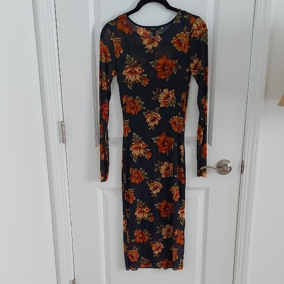Mesh Orange Floral Long Sleeve Dress - Picture 2 of 10